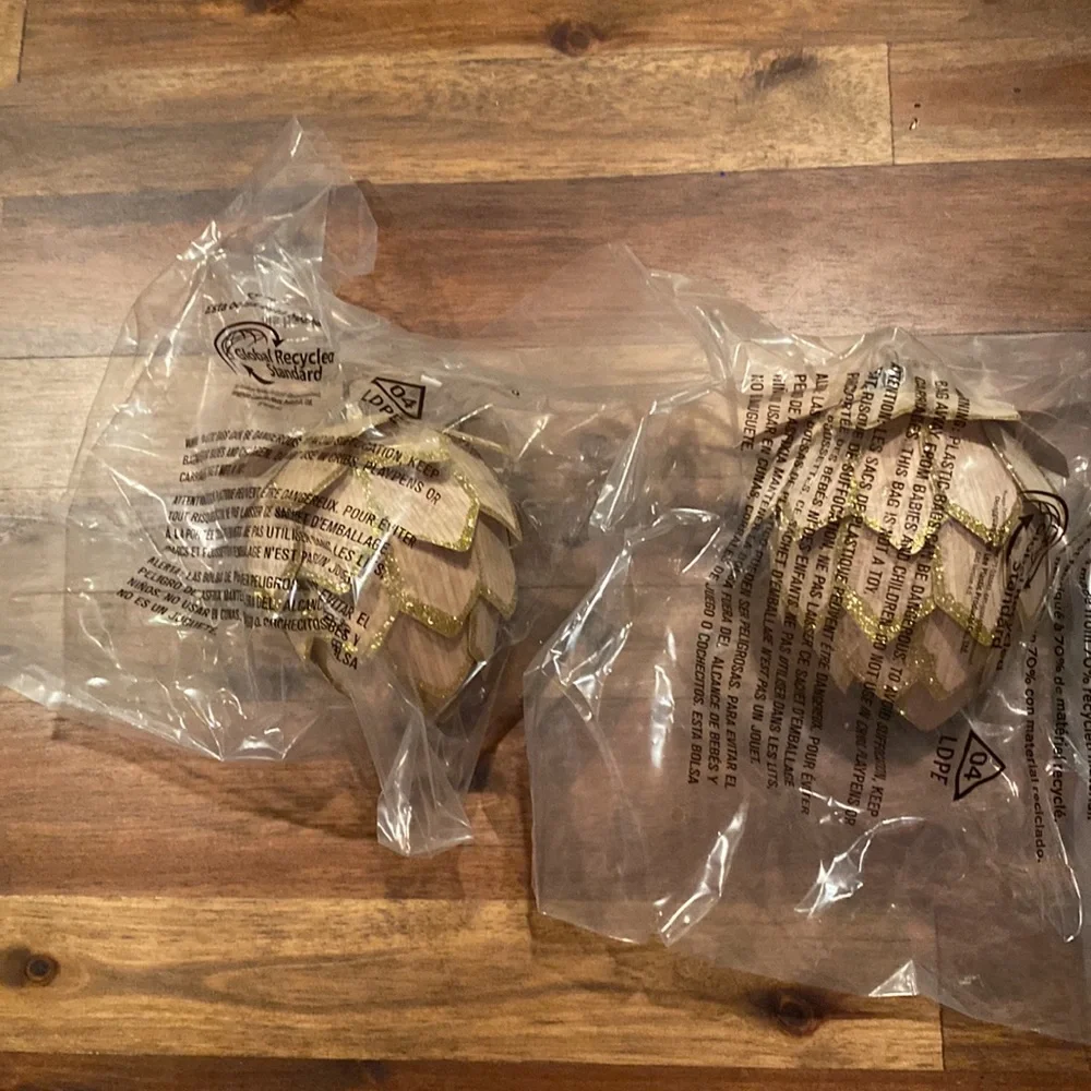 S/2 West Elm Scandi Wood Gold Pinecone ornaments